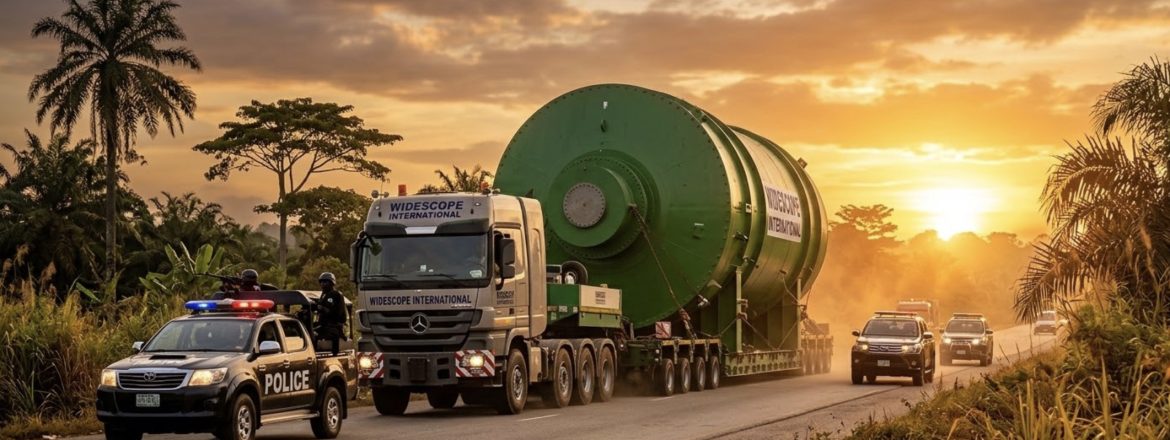 Widescope International heavy-duty truck transporting a massive green industrial transformer with a police escort on a lush Nigerian road at sunset.