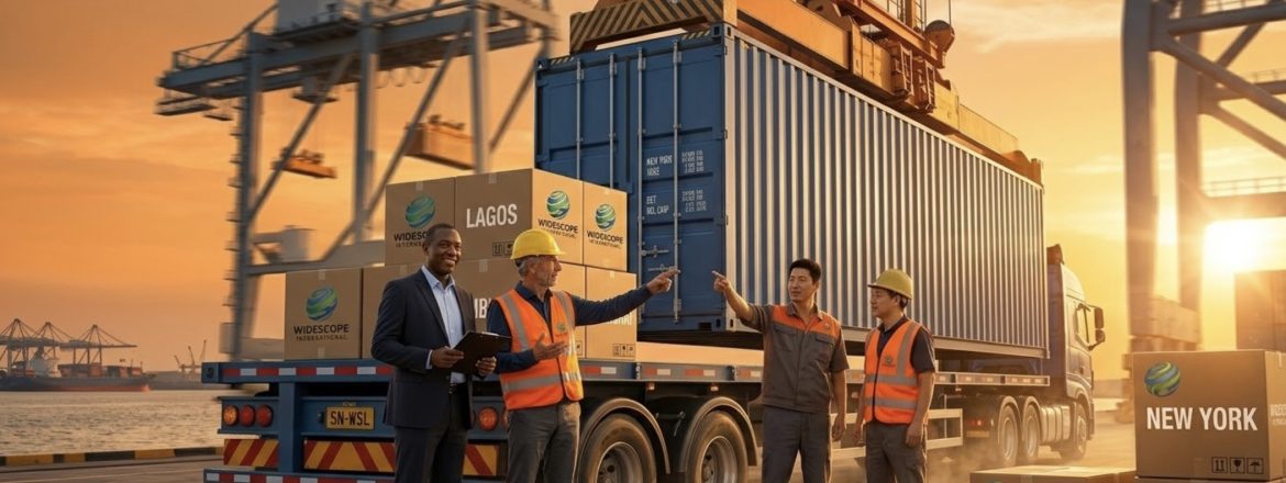 iverse Widescope International logistics team coordinating a shipping container load at a port, with branded cargo boxes destined for Lagos, New York, Hamburg, and Shanghai.