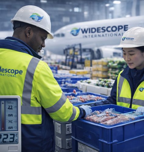 Nigerian and Asian logistics professionals inspecting temperature-controlled cargo at Widescope International cold chain facility