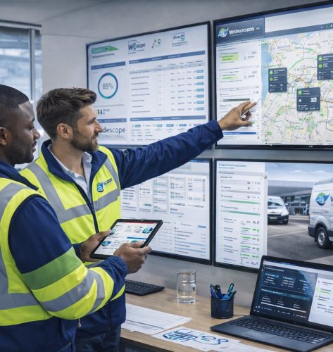 Logistics professionals analyzing fleet tracking dashboards at Widescope International control center