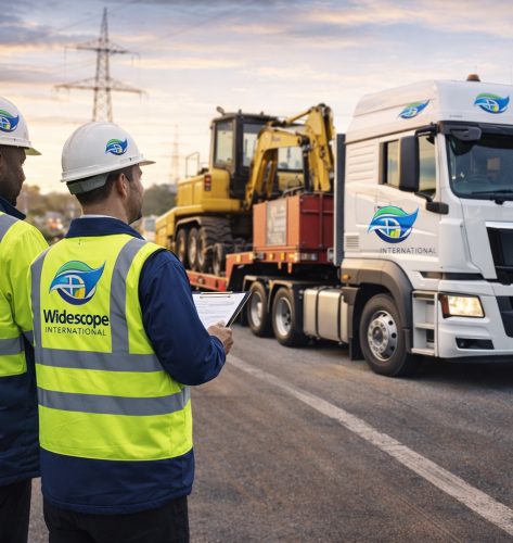 Nigerian and European logistics supervisors inspecting heavy-duty trucks branded by Widescope International