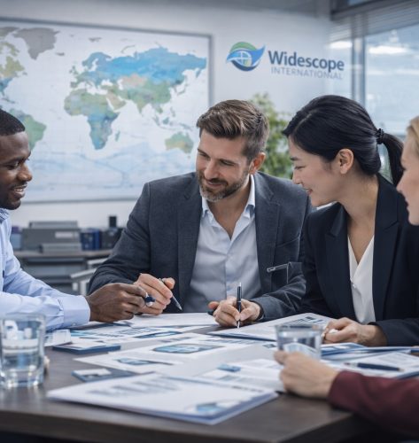 Multinational procurement team reviewing sourcing documents at Widescope International office