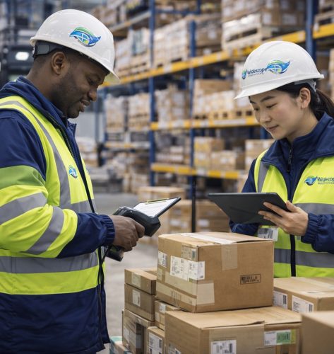 Widescope International warehouse staff managing inventory using barcode scanners and tablets