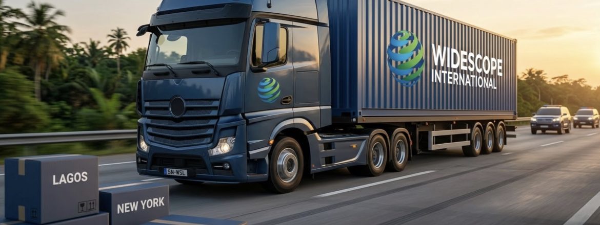 Widescope International heavy-duty delivery truck transporting a branded shipping container on a modern highway.