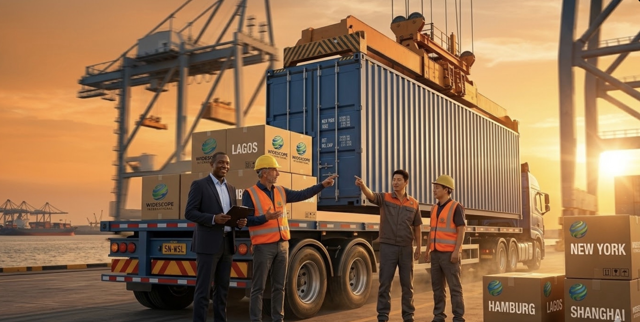 iverse Widescope International logistics team coordinating a shipping container load at a port, with branded cargo boxes destined for Lagos, New York, Hamburg, and Shanghai.